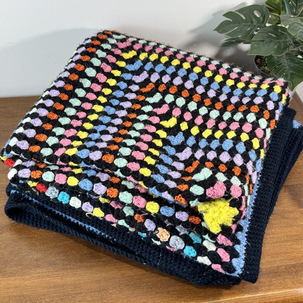 Handmade Crochet Granny Square Afghan Throw Blanket Multi-Color Black Vintage